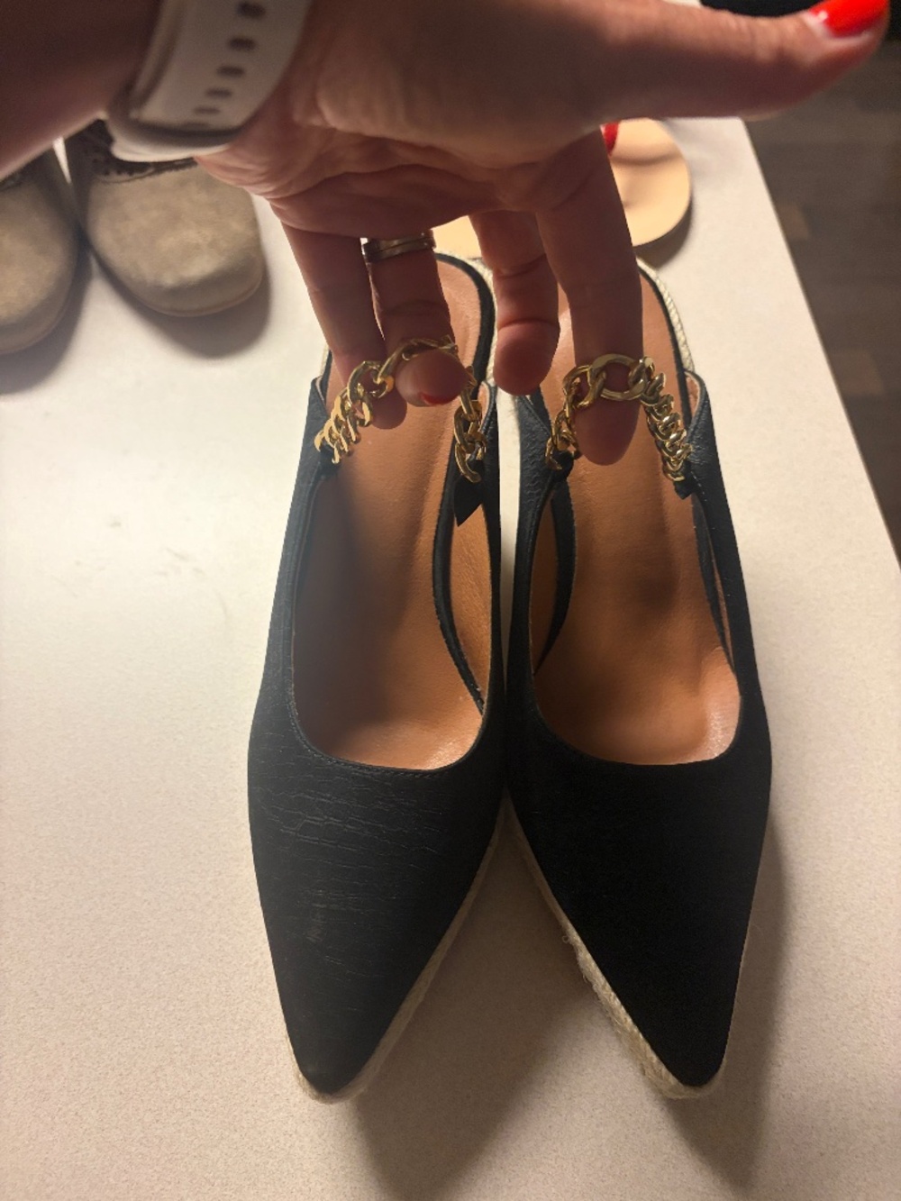 New Black Pointed Toe Espadrille Wedge Mules w/ Gold Chain Detail Size 42